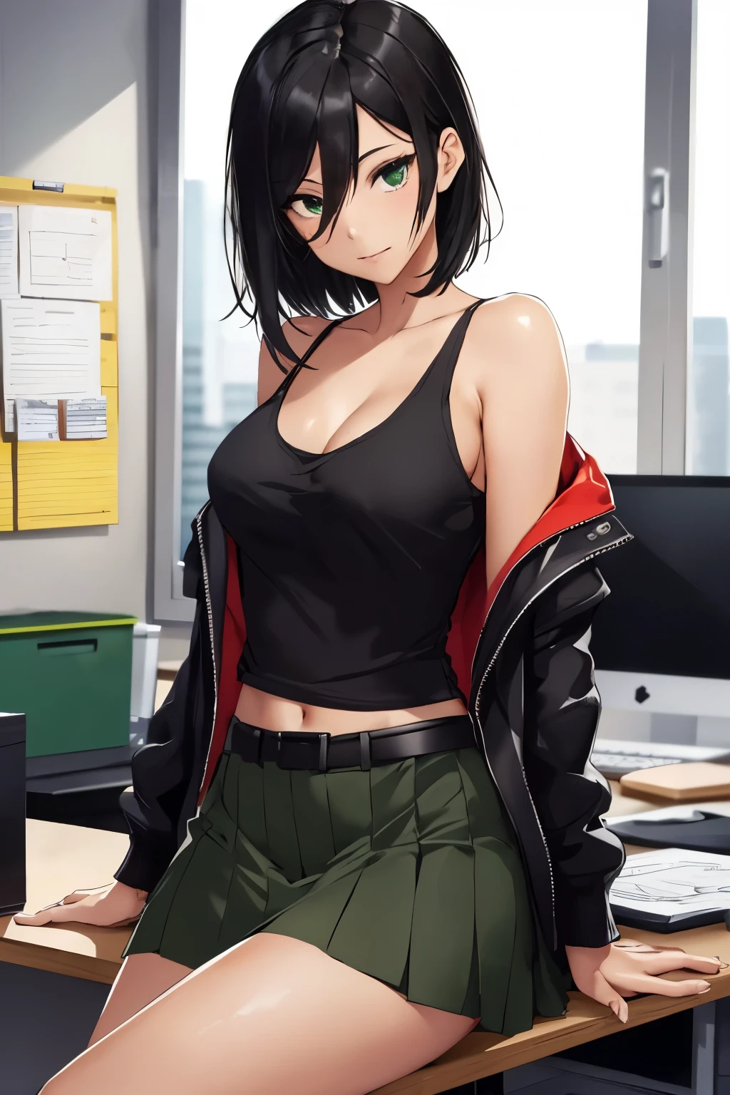 (stripping:1.2),(sexy:1.3),( woman:1.2),(shoulder length black hair),(black tank top),(green jacket and skirt),(enticing),(passionate),(office background),(sitting on desk),(desperate)