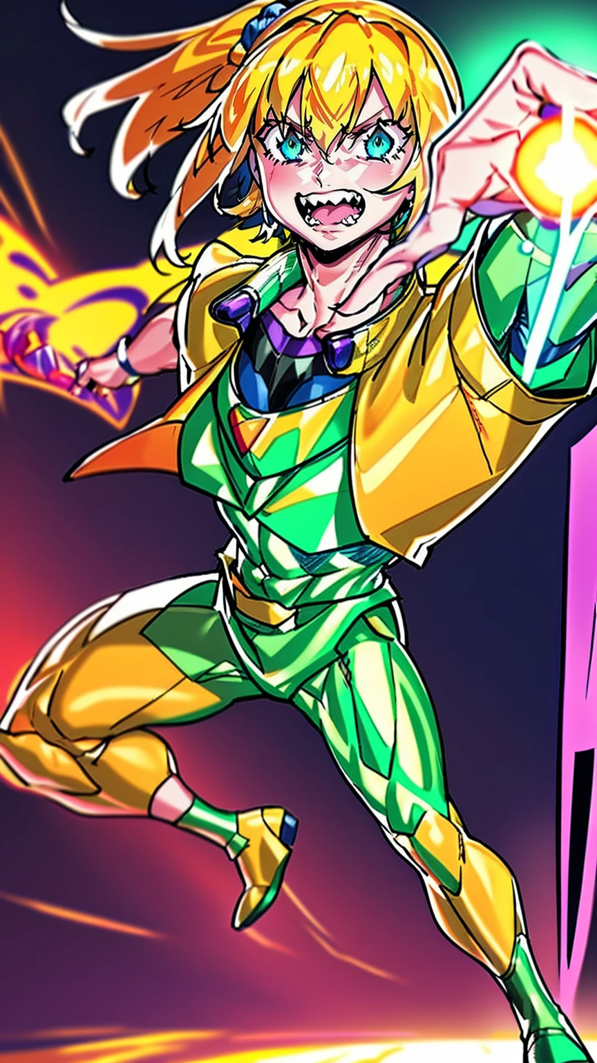excel, orange hair, smile, fang, open mouth, green eyes,standing, medium breast, pants, pullover, , cyberpunk city magic, martial arts martial pose, full body, fangs, ponytail,,best quality, vivid colors, cyberpunk style, realistic lighting, detailed background, futuristic environment, neon lights, bustling streets, advanced technology, holographic displays, flying cars, skyscrapers, cityscape, rain, reflection, energetic atmosphere, intense action, dynamic movement, martial arts stances, powerful kicks, punches, martial arts weapons, adrenaline rush, orange hair flowing, vibrant green eyes glowing, captivating smile, fangs glistening, fierce expression, confident posture, stylish pants and pullover, sleek and modern fashion, edgy and confident appearance, magical aura, mystical powers, energy manipulation, intense focus, epic battle, confrontational stance, electrifying sensation, ponytail swinging, sharp and sleek features. , full body standing,