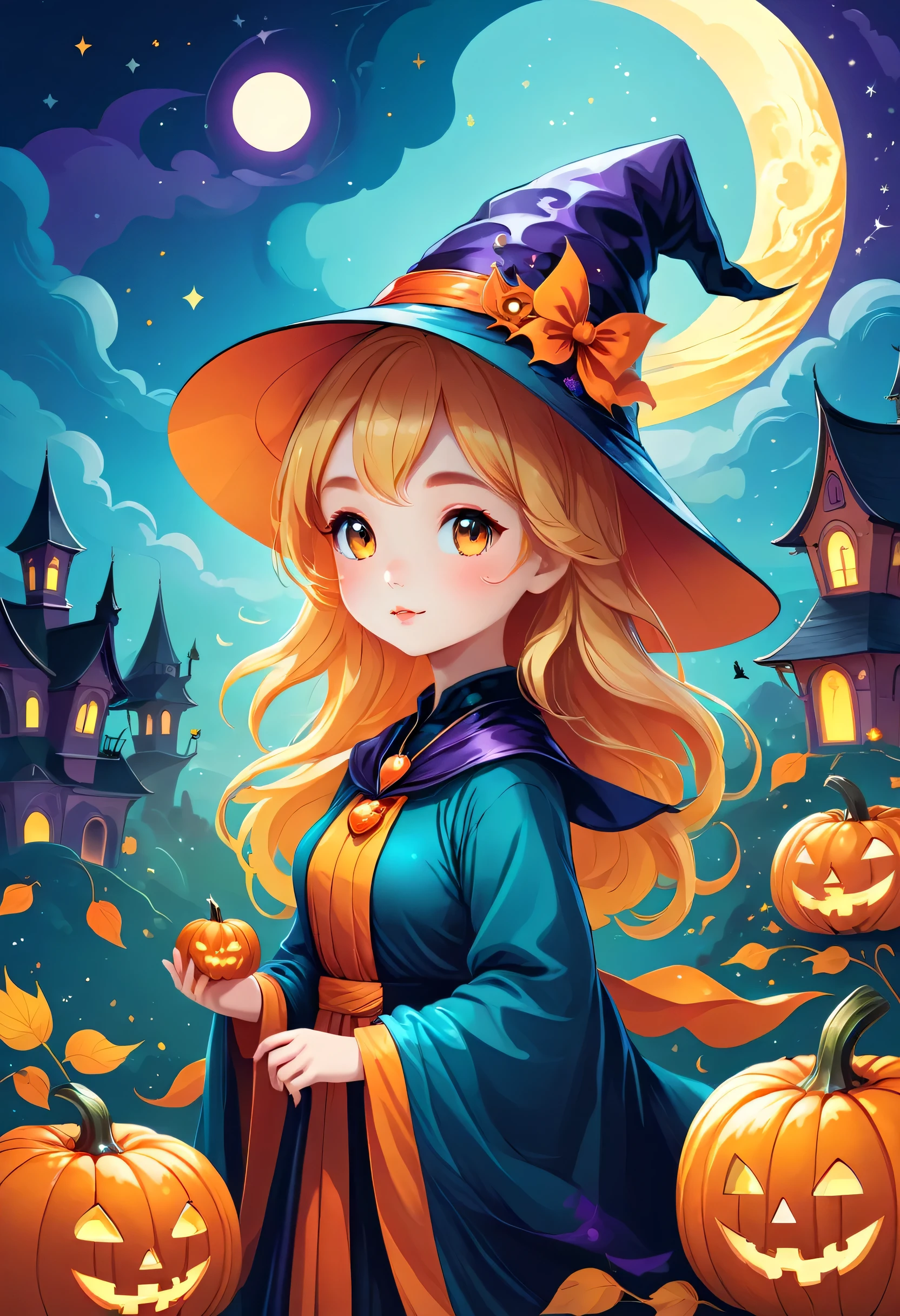 vector illustration:cute cartoon wizard,cute girl, Halloween, adobe illustrator,draw with thick lines,,cute,pop,Gentle color,Cast colorful spells,nice background image,masterpiece,best masterpiece,Light and shadow,draw carefully,,Bright colors,fantasy,fancy,rendering,magic element,