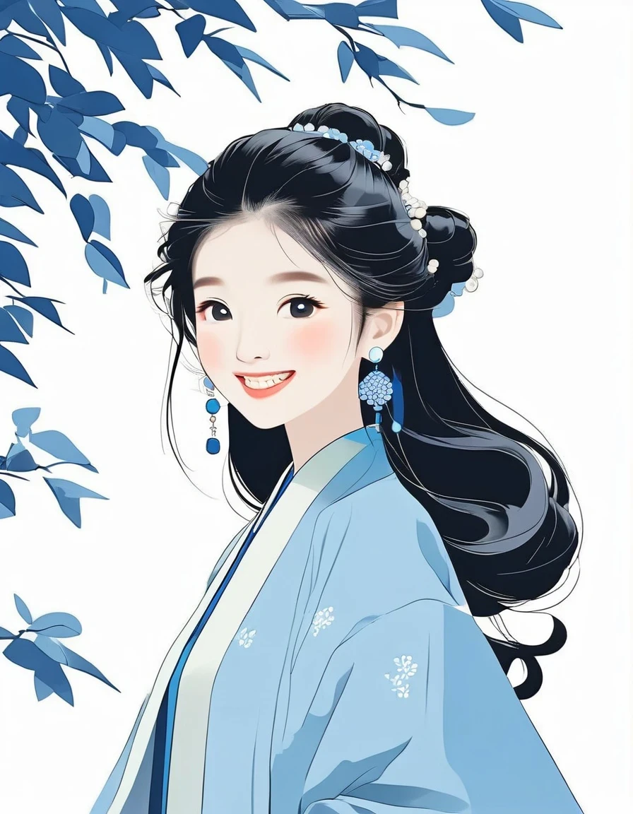 flat illustration style of a playful cool chinese girl,ancient black hair style,wearing a blue coat, wearing earrings,smile, white skin, Off-white background ,blue, niji ,minimalist art,