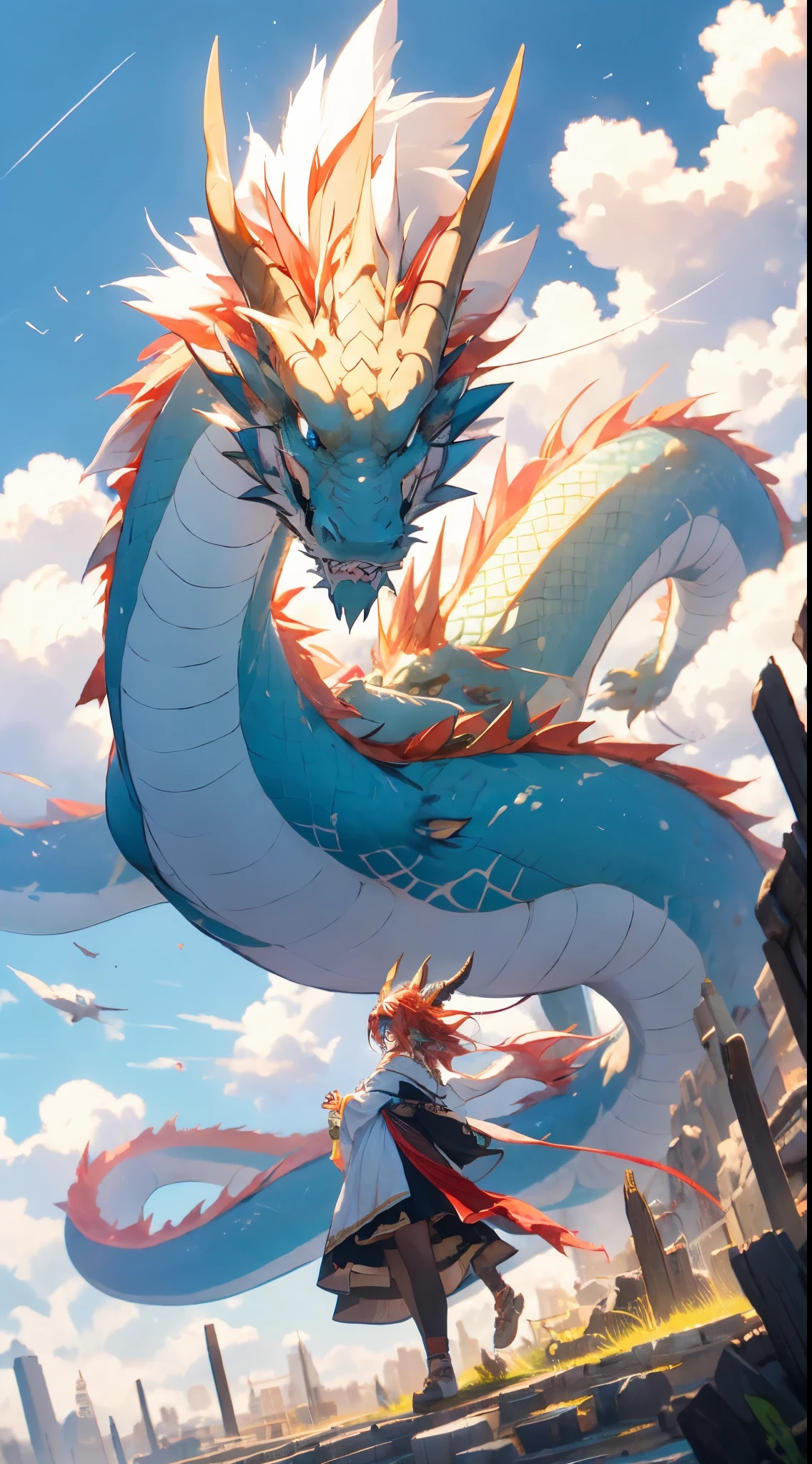 The Chinese White Divine Dragon soared into the air,(Girl manipulates dragons:1.3),(The girl has her back to the camera:1.3),Sky clouds surround the surroundings,Light magic,Fantastic background,Meaning background,Ridiculous background,There are artistic overlayulticolored hair, surrealism, Cinematic lighting, Ray tracing, god light, speed-line, angle of view, hyper HD, Masterpiece, Best quality, Super detail, detailed faces, A high resolution, High quality,(Far view:1.3)