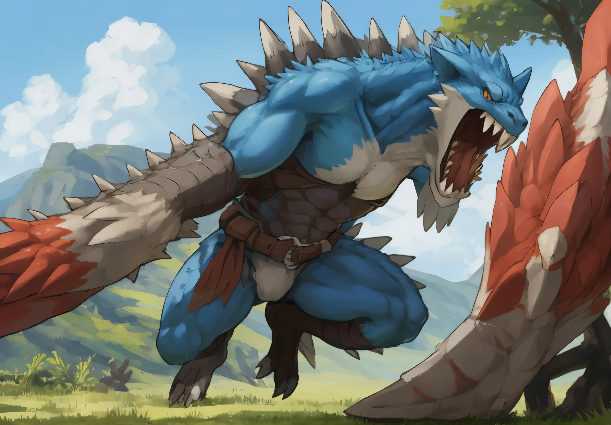 <lora:zinogre_mix2:1>,zinogre,1boy,male,furry male,furry,muscular anthro,big muscles,bodily fluids,digimon (species),horns,dragon horns,dragon tail,scalie,large pectorals,silver armpit hair,nipples,(nipple rings:1.2),detail face,blue eyes,(open mouth,tongue_out),
humanoid penis,genitals,balls,(pectorals:1.3),(anus:1.2),(ass:1.2),(autofellatio:1.4),((((huge penis, long penis, fat penis, thick penis, thick foreskin, huge balls, saggy balls, hairy balls,precum)))),
nsfw,nude,uncensored,a deep forest,forest,hi res,
(by null-ghost,by raccoon21),(cum on face,cum in mouth,cum on body:1.3),looking at viewer,(pov anal sex),(large penis insert to anal),(arm up:1.4),hand on butt,hand on own butt,holding butt,lying,(raised leg:1.3),((((cum, cumshot, cum string, excessive cum, genital fluids, excessive genital_fluids)))),(sweat drops:1.4),((((wet, bodily fluids)))),