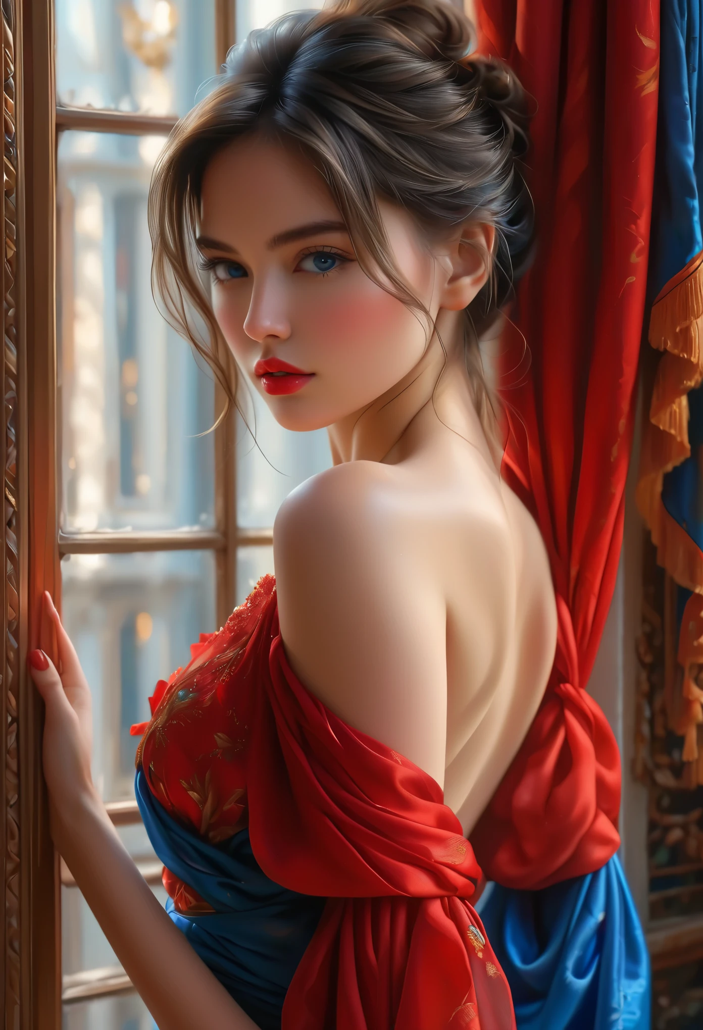 (Best Quality, 4K, 8K, High Resolution, Masterpiece: 1.2), (Super Detailed, Realistic, Photorealistic:1.37)A captivating young girl, donning a striking ensemble of red and blue, stands before a window with an air of toughness and determination. Her enchanting eyes are exquisitely detailed, capturing every glimmer and depth, while her lips boast a meticulous beauty that is both captivating and alluring. The level of detail extends to her entire face, each contour and feature meticulously rendered to perfection, creating a sense of hyper-realism that draws the viewer in. 

The girl's attire, reminiscent of oil painting art, is a work of art in itself. The fabric, skillfully crafted to resemble vibrant brushstrokes, adds a touch of dynamism to her overall appearance. It is a true reflection of the artist's talent, showcasing a mastery, (NSFW:1.5), Chignon hairstyle, (beautiful nipples:1.2)