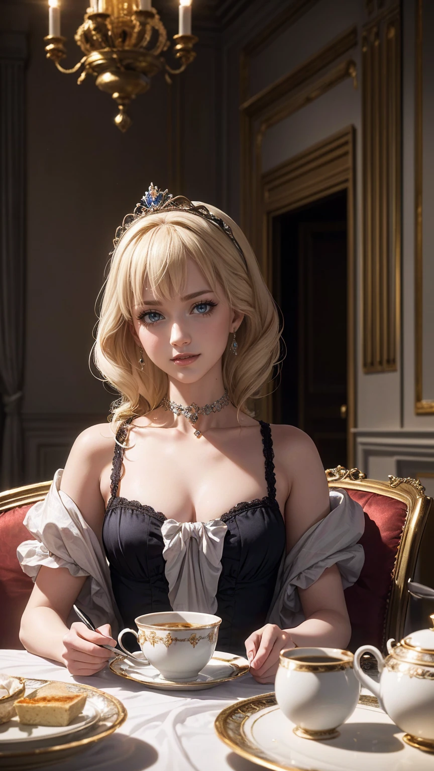 ((最high quality, 8K, masterpiece: 1.3, Ultra HD, high quality, 最high quality, High resolution, realism)) 、Marie Antoinette、Inside the Palace of Versailles in France、Enjoy tea time in a luxurious room、smile