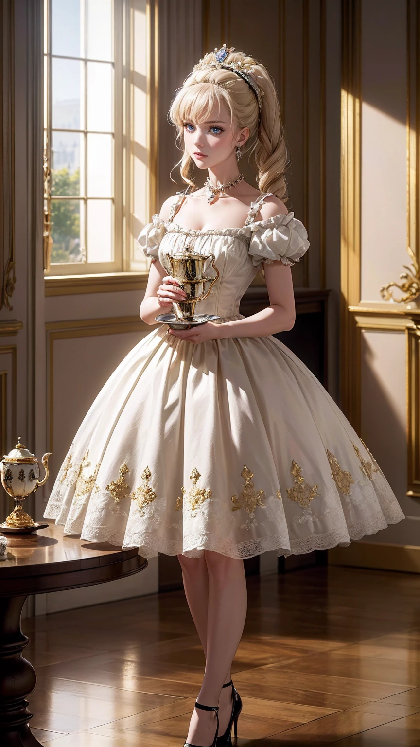 ((最high quality, 8K, masterpiece: 1.3, Ultra HD, high quality, 最high quality, High resolution, realism)) 、Marie Antoinette、Inside the Palace of Versailles in France、Enjoy tea time in a luxurious room、smile