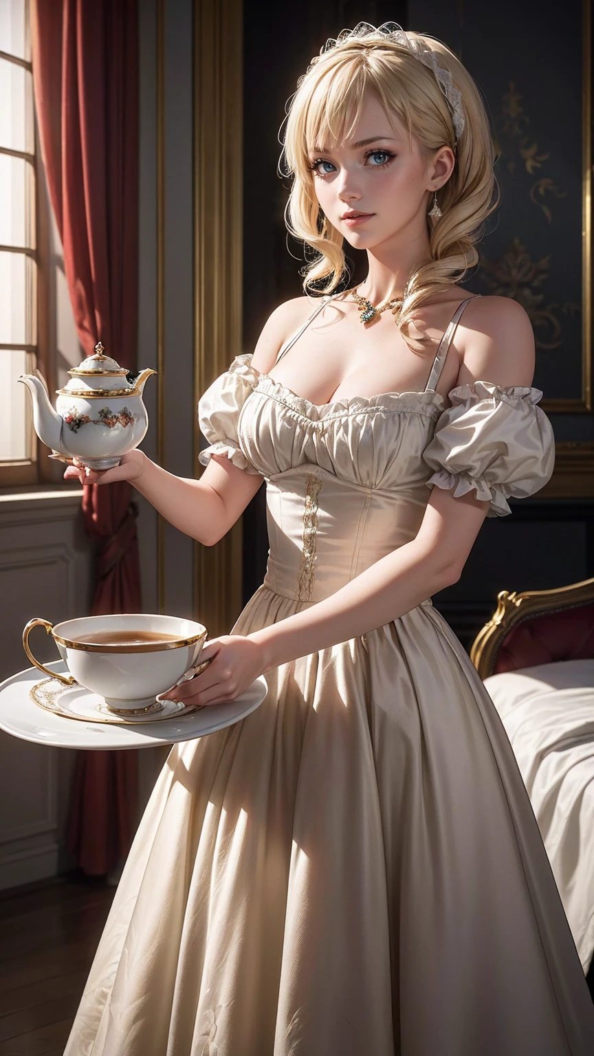 ((最high quality, 8K, masterpiece: 1.3, Ultra HD, high quality, 最high quality, High resolution, realism)) 、Marie Antoinette、Inside the Palace of Versailles in France、Enjoy tea time in a luxurious room、smile