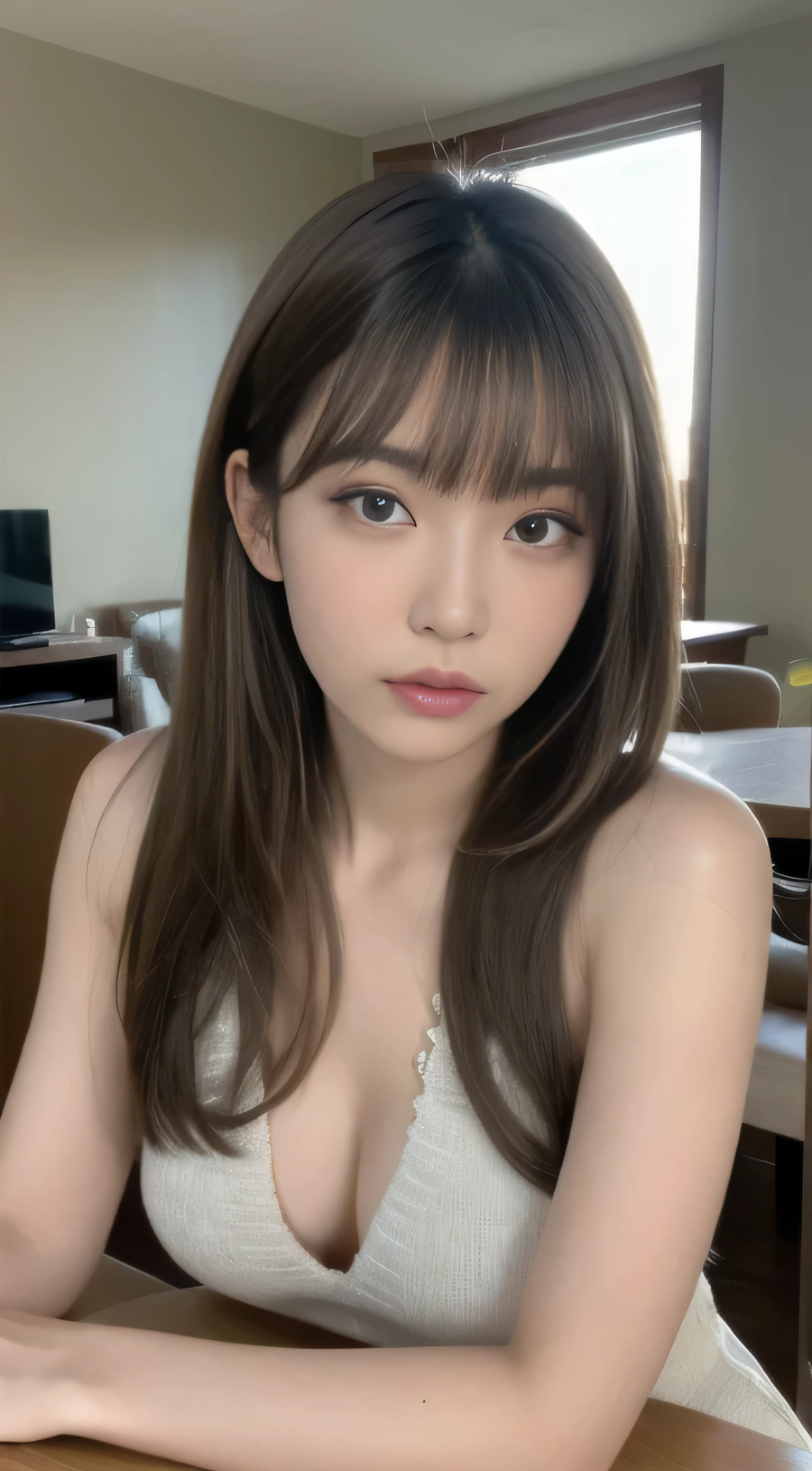(highest quality, 8K, table top, ultra hd: 1.3), 1 girl, ,light brown hair, dull bangs, hair behind the ear, shoulder hair, long hair, slender body shape, super detailed face, delicate lips, beautiful eyes, double eyelid, lipstick, light blush ,black eye ,perfect shiny shiny skin,perfect skin,white skin,sweaty,invite the gaze, chest,ultra thin pointer, extra thin fingers, naked woman, spread legs , beautiful feet ,. Furano in summer、