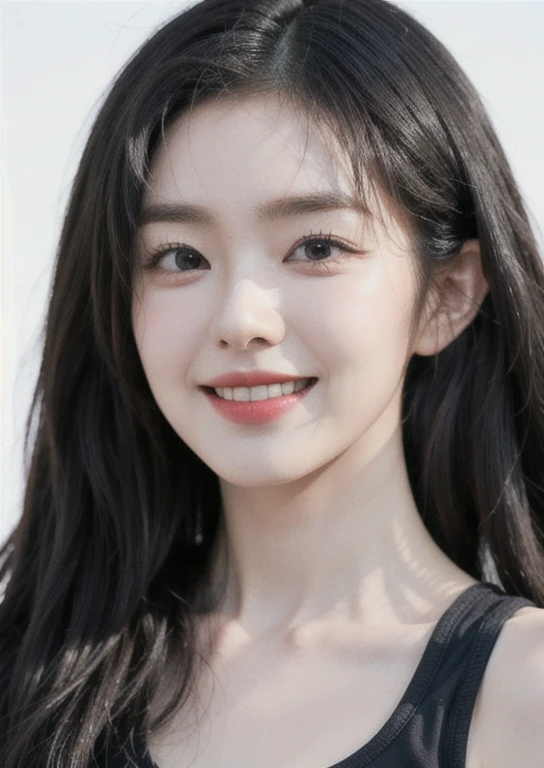 best quality, extremely detailed face, perfect lighting, (1girl, solo:1), (((sport bra))), ((puffy eyes)),(((black hair))),long hair, white background, low tied hair, (smile:1),((irene)),