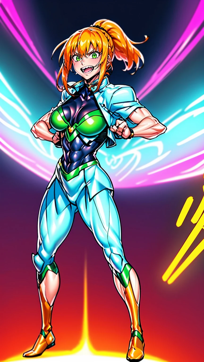 excel, orange hair, smile, fang, open mouth, green eyes,standing, medium breast, pants, pullover, , cyberpunk city magic, martial arts martial pose, full body, fangs, ponytail,,best quality, vivid colors, cyberpunk style, realistic lighting, detailed background, futuristic environment, neon lights, bustling streets, advanced technology, holographic displays, flying cars, skyscrapers, cityscape, rain, reflection, energetic atmosphere, intense action, dynamic movement, martial arts stances, powerful kicks, punches, martial arts weapons, adrenaline rush, orange hair flowing, vibrant green eyes glowing, captivating smile, fangs glistening, fierce expression, confident posture, stylish pants and pullover, sleek and modern fashion, edgy and confident appearance, magical aura, mystical powers, energy manipulation, intense focus, epic battle, confrontational stance, electrifying sensation, ponytail swinging, sharp and sleek features. , full body standing,