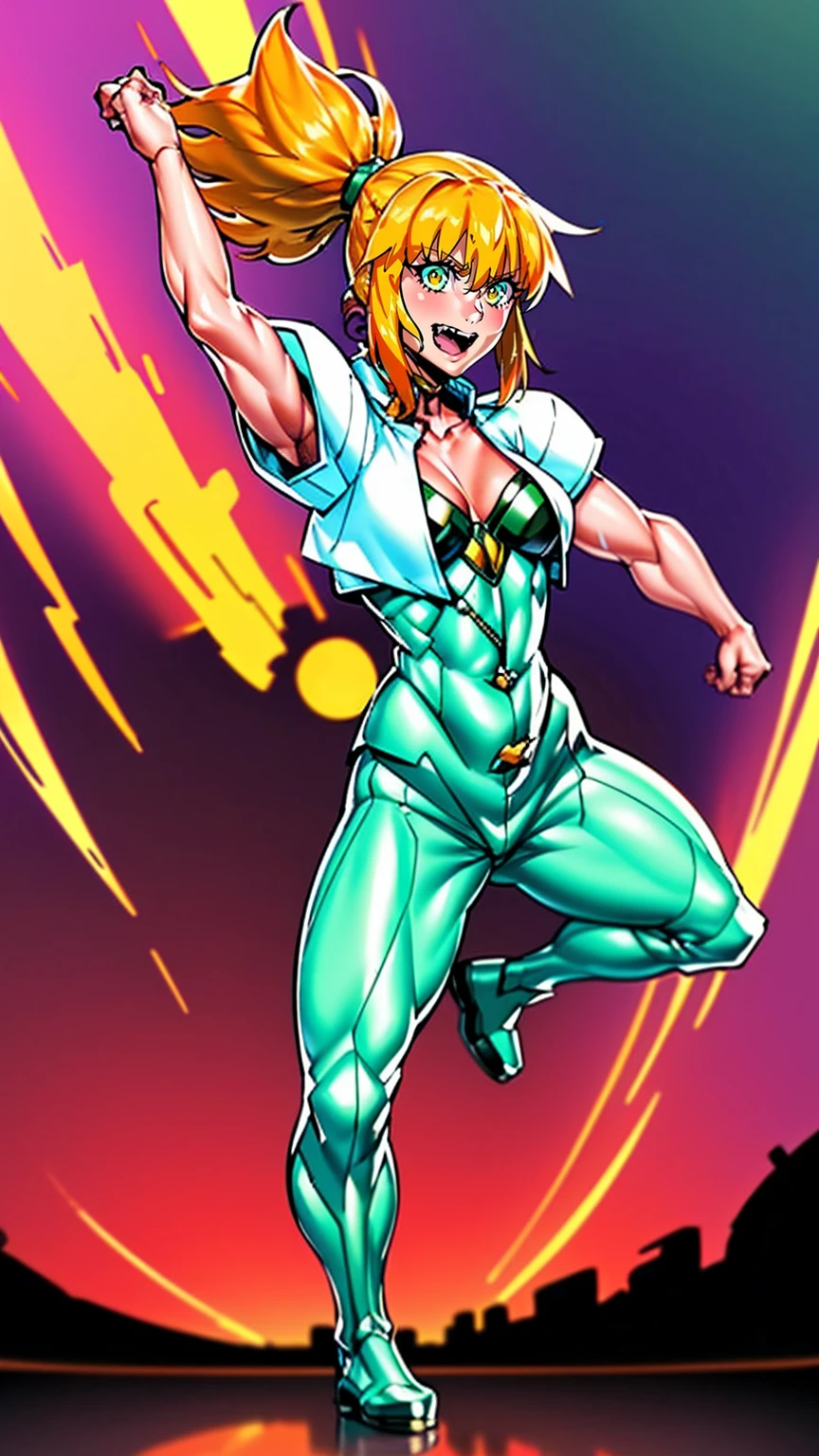 excel, orange hair, smile, fang, open mouth, green eyes,standing, medium breast, pants, pullover, , cyberpunk city magic, martial arts martial pose, full body, fangs, ponytail,,best quality, vivid colors, cyberpunk style, realistic lighting, detailed background, futuristic environment, neon lights, bustling streets, advanced technology, holographic displays, flying cars, skyscrapers, cityscape, rain, reflection, energetic atmosphere, intense action, dynamic movement, martial arts stances, powerful kicks, punches, martial arts weapons, adrenaline rush, orange hair flowing, vibrant green eyes glowing, captivating smile, fangs glistening, fierce expression, confident posture, stylish pants and pullover, sleek and modern fashion, edgy and confident appearance, magical aura, mystical powers, energy manipulation, intense focus, epic battle, confrontational stance, electrifying sensation, ponytail swinging, sharp and sleek features. , full body standing,