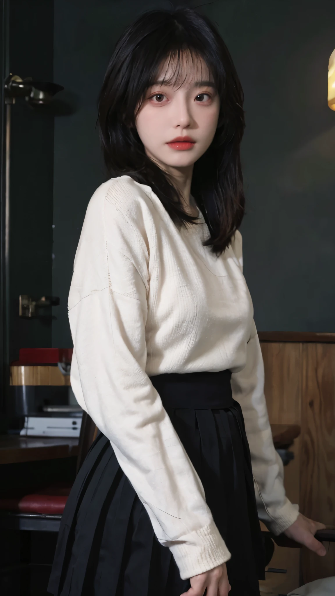miss, big breasts, redhead, pleated skirt,red eyes, transparent sweater, small chin