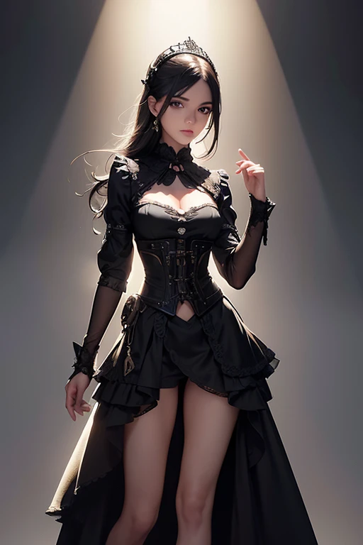Wizard girl.
(((masterpiece, best quality, raw photo, photorealistic, depth of field, ultra detailed, detailed face, very precise gray eyes))), Dynamic Action Pose, Invoke Magic, Mechanical Magic Weapons, very slender long legs, lace stockings on the knee, steampunk headgear, fluttering lace flared white mini skirt, off-shoulder white fashion with a fusion of detailed and intricate steampunk and detailed white gothic lolita, (((Very slender body, long, thin limbs))), upward and beautiful small breasts, (((Thick bangs))), (((princess cut))), Clean long hair, long vertical curly hair, wind driven, futuristic complex steampunk factory background, infinite dark universe, flying celestial bodies, countless celestial neon lights raining down from the heavens, cinematic lighting decoration.