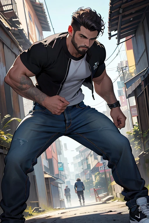 man, around 45yo, black messy middle long hair, short beard, silver metalic arm, black tank top, cyberpunk streets in background