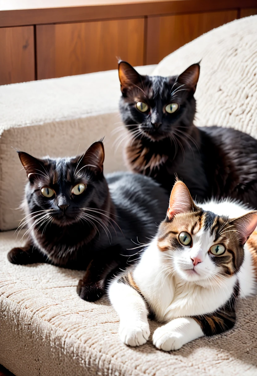 vier Katzen liegen auf der Couch und schlafen auf einer Decke
