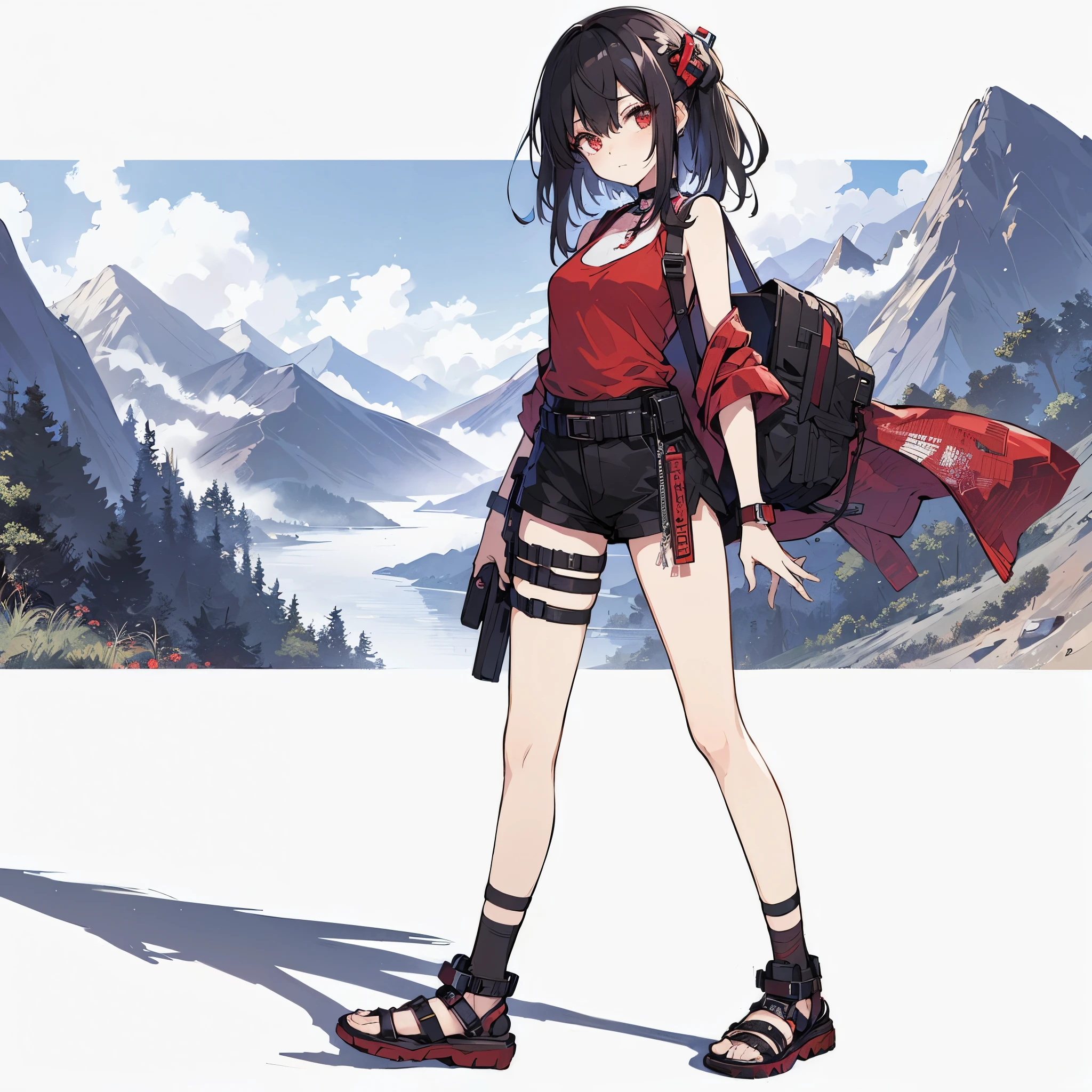 (masterpiece, best quality), ultra detailed, anime style, full body, solo, Full body, Cyberpunk Japanese style girl, black hair, all back hairstyle, red tank top and black short pants, wearing sandals, short, standing on a mountain path, white background, whole body,
