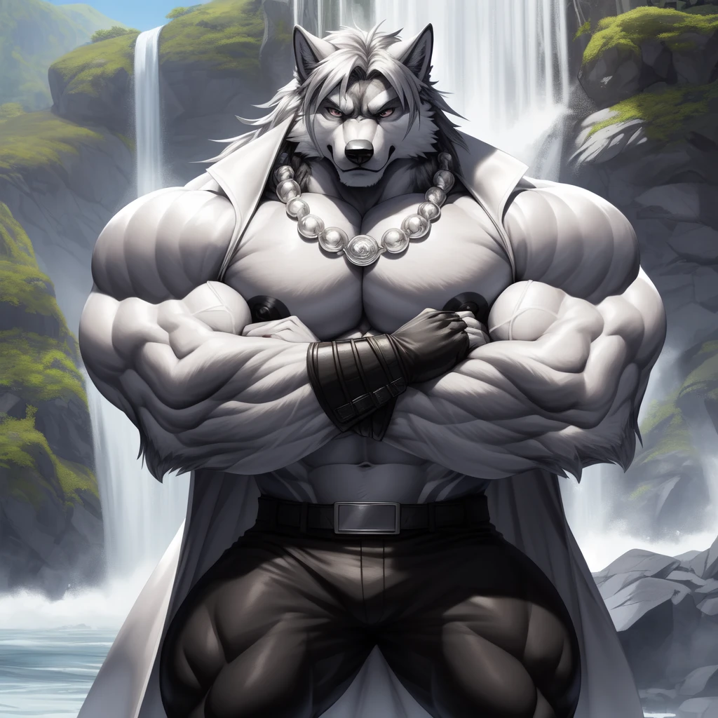 (upload on e621) (Masterpiece) (by Drks) (best quality) (ultra high res) 4K (8k HD) 2D (perfect anatomy) (digital art) (official art) (extreme detailed) (ultra detailed) (strapsanime) color (soft shading) (sharp focus) (waterfall background) 1man silver body fur silver belly detailed fluffy fur (ultra detailed face) detailed eyes detailed iris eyes detailed silver eyes (white sclera) black pupils big navel abs bare pectoral (((huge black shiny nipples))) black claw nails furry wolf male mature male silver giant bulky muscular body fur giant size canid (((huge muscles))) (((hyper muscles))) huge pecs (((oversize pecs))) huge biceps (((giant biceps))) (((fullbody))) canine canis mammal powerful wolf god wolf male calm cool collected demeanor face badass wolf anthro solo standing (((wearing silver full complete sleeveless long trench coat jacket))) (((silver longest length hair))) (((silver longest length back fur hair))) (((silver longest length hair fur front lay on pecs))) (((perfect fingers))) (((five fingers))) dark black hands and fingers (((wearing silver fingerless gloves))) (((silver arm bands on his biceps))), (((three silver arm bands on his forearms))) (((dark black huge bead necklaces))) (((dark black huge longer bead necklaces around neck to pecs))) (((silver long wolf tail))) (((black long pants with silver lines with belt straps on both legs))) (((silver electricity and wind aura flow entire body)))(((crossed arm pose)))