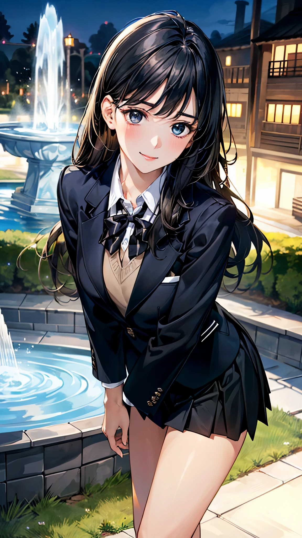 (masterpiece:1.3, top-quality, ultra high res, ultra detailed), (realistic, photorealistic:1.4), beautiful illustration, (natural side lighting, movie lighting), 
looking at viewer, (from below), 1 girl, japanese, high school girl, perfect face, perfect body, cute and symmetrical face, shiny skin, babyface, 
(long hair:1.7, straight hair:1.6, long sideburns, black hair), swept bangs, blue eyes, (middle breasts, seductive thighs), , 
beautiful hair, beautiful face, beautiful detailed eyes, beautiful clavicle, beautiful body, beautiful chest, beautiful thigh, beautiful legs, beautiful fingers, 
(((black outfit, black school blazer, closed blazer), white collared shirt, black box pleated skirt) ), 
(beautiful scenery), evening, (park, fountain), walking, leaning forward, (hair twirling, lovely smile), 