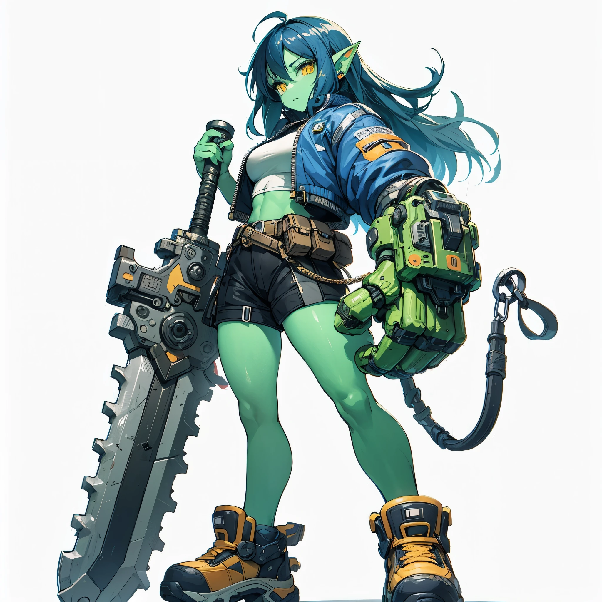 (masterpiece, best quality), ultra detailed, POKEMON like illustration style, full body, solo, Full body, cute Cyberpunk orc girl, Muscular but feminine body shape, wearing a work uniform, night blue hair and yellow eyes, pale green skin, holds a huge creaver sword, wears high tech sneakers, standing in wasteland, white background, whole body,
