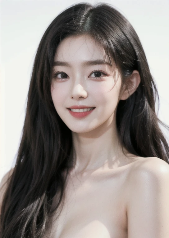 best quality, extremely detailed face, perfect lighting, (1girl, solo:1), (((naked))), ((puffy eyes)),(((black hair))),long hair, white background, low tied hair, (smile:1),((irene)),