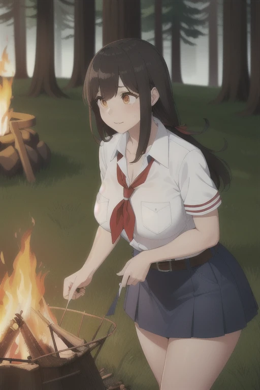 ((highreasterpiece, high quality, best quality, beautiful, perfect lighting, detailed face, ultra cute face, 1girl, solo, black hair, long hair, orange eyes, big breasts, thick thighs, wind lift, outdoors, grass, field, forest, pioneer neckerchief, pioneer movement soviet pioneer, short skirt, blue skirt, bangs, shirt, collarbone, white shirt, short sleeves, collared shirt, belt, neckerchief, eyelashes, red neckerchief, pocket, breast pocket, night, forest, campfire, solo campfire, large campfire