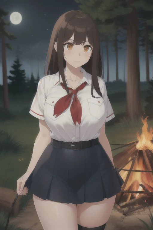 ((highreasterpiece, high quality, best quality, beautiful, perfect lighting, detailed face, ultra cute face, 1girl, solo, black hair, long hair, orange eyes, big breasts, thick thighs, wind lift, outdoors, grass, field, forest, pioneer neckerchief, pioneer movement soviet pioneer, short skirt, blue skirt, bangs, shirt, collarbone, white shirt, short sleeves, collared shirt, belt, neckerchief, eyelashes, red neckerchief, pocket, breast pocket, night, forest, campfire, solo campfire, large campfire