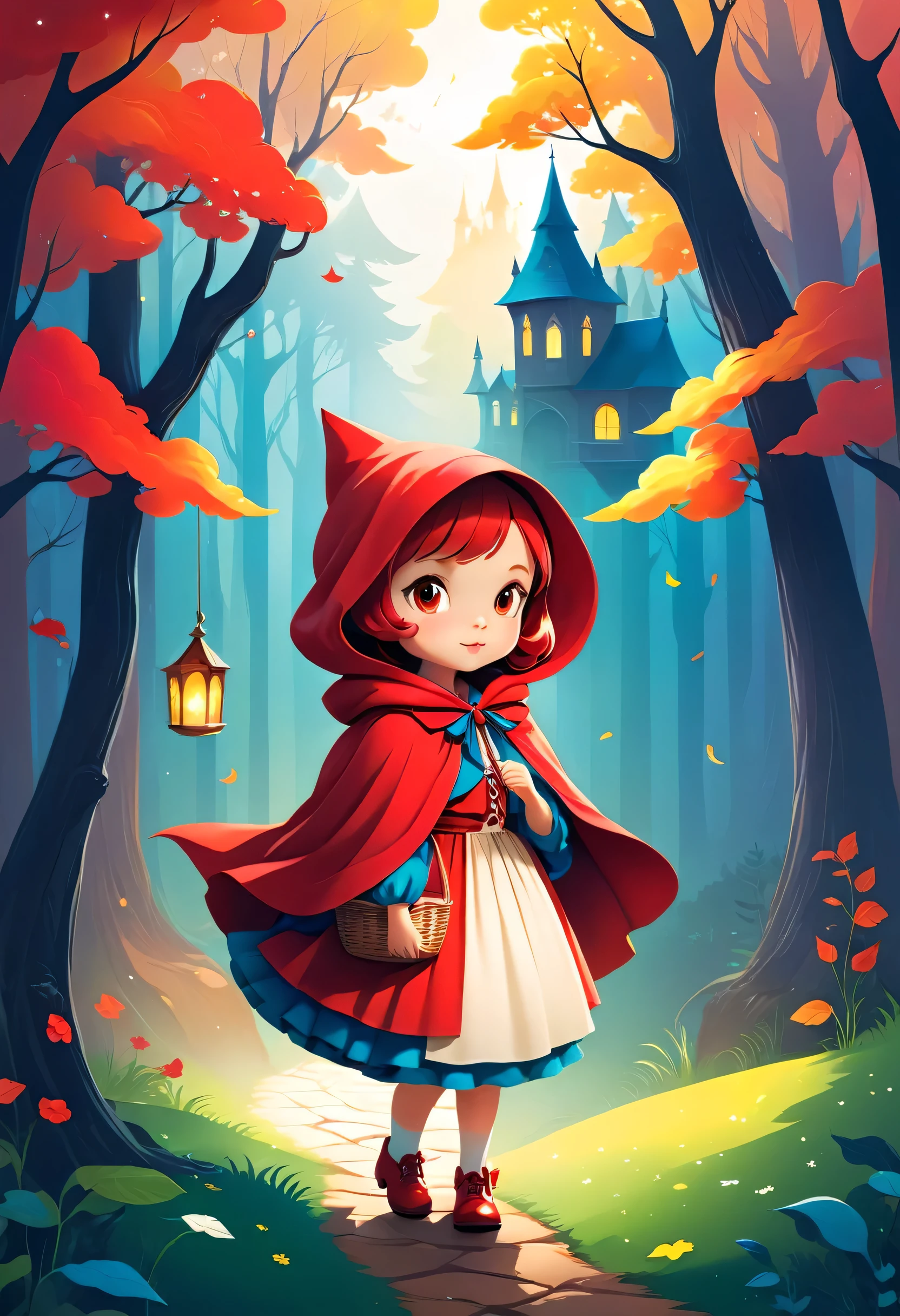 vector illustration:cute cartoon forest, null,Little Red Riding Hood, adobe illustrator,draw with thick lines,,cute,pop,Gentle color,Cast colorful spells,nice background image,masterpiece,best masterpiece,Light and shadow,draw carefully,,Bright colors,fantasy,fancy,rendering,magic element,