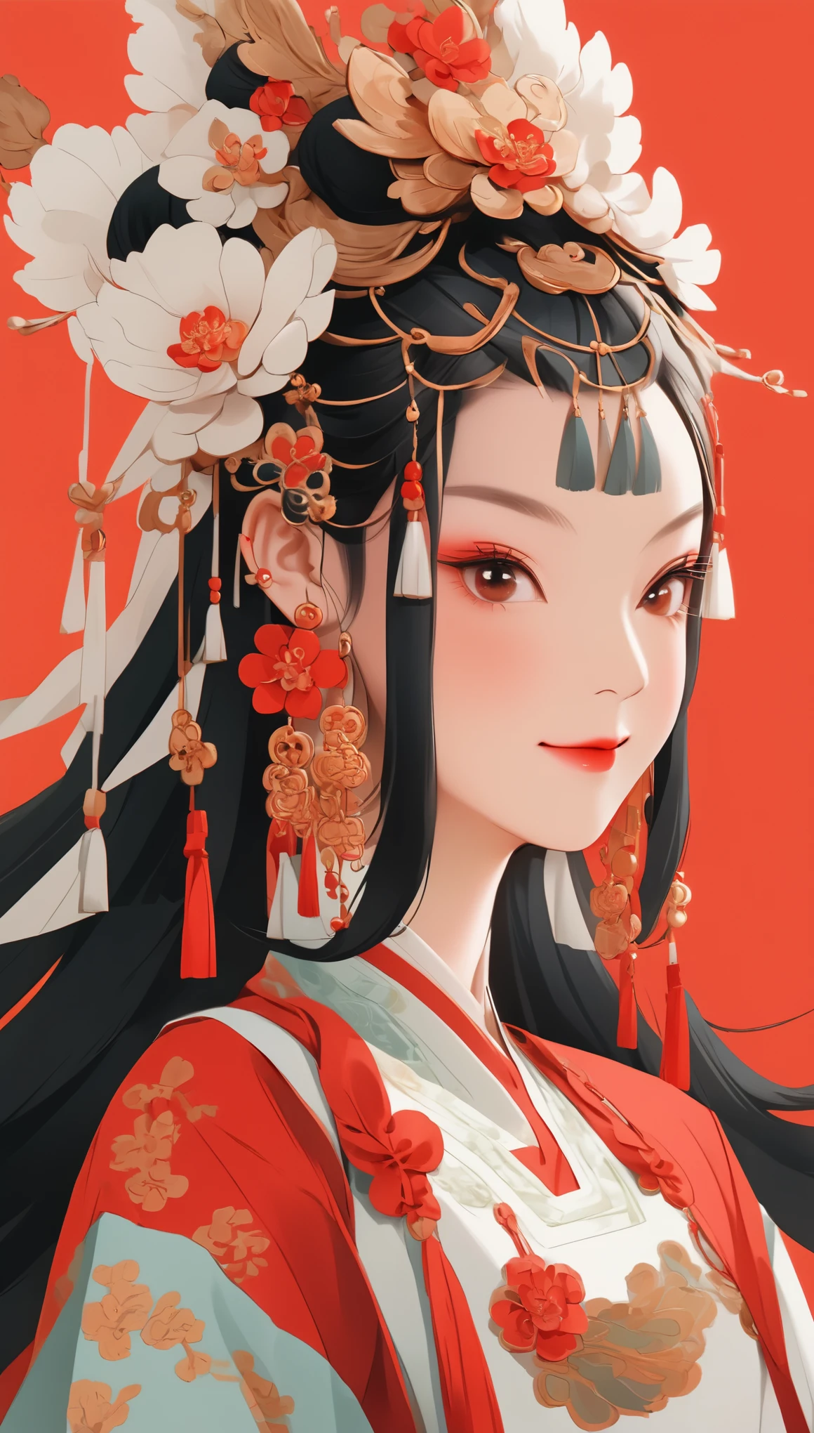 whole body，flat illustration style of a cute Chinese girl, double braided pigtails black hair, smiling, wearing earrings, close-up，Modern minimalist，red background