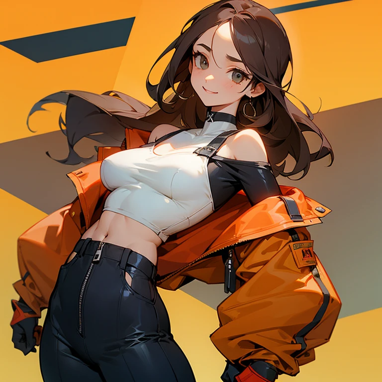 slender、big breasts、Goggles on foreheadをつけている、small ass、A slender and delicate mechanic girl、Roomy clothes、oversized cargo pants、It's a bellybutton、Front zip high neck top、super cutout design、crop top、bare shoulders、off shoulder、work gloves、Goggles on forehead、hold a wrench in one hand、brown skin、Middle hair、Habitual hair、slender、big breasts、cleavage、choker、high leg pants、smile