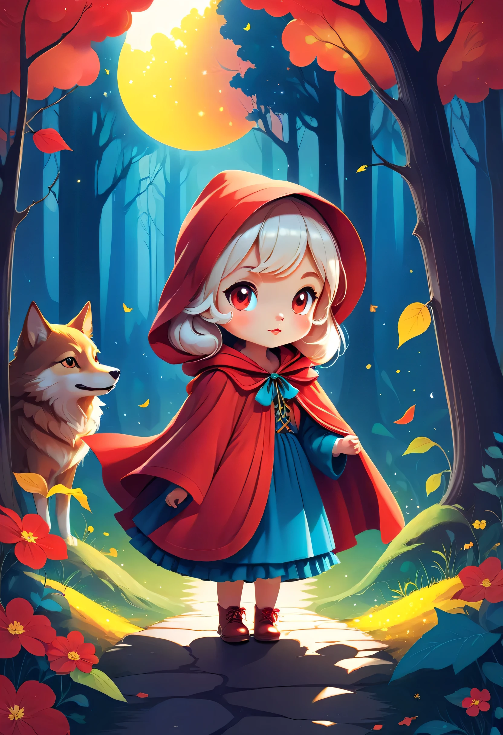 vector illustration:cute cartoon forest, null,Little Red Riding Hood, adobe illustrator,draw with thick lines,,cute,pop,Gentle color,Cast colorful spells,nice background image,masterpiece,best masterpiece,Light and shadow,draw carefully,,Bright colors,fantasy,fancy,rendering,magic element,