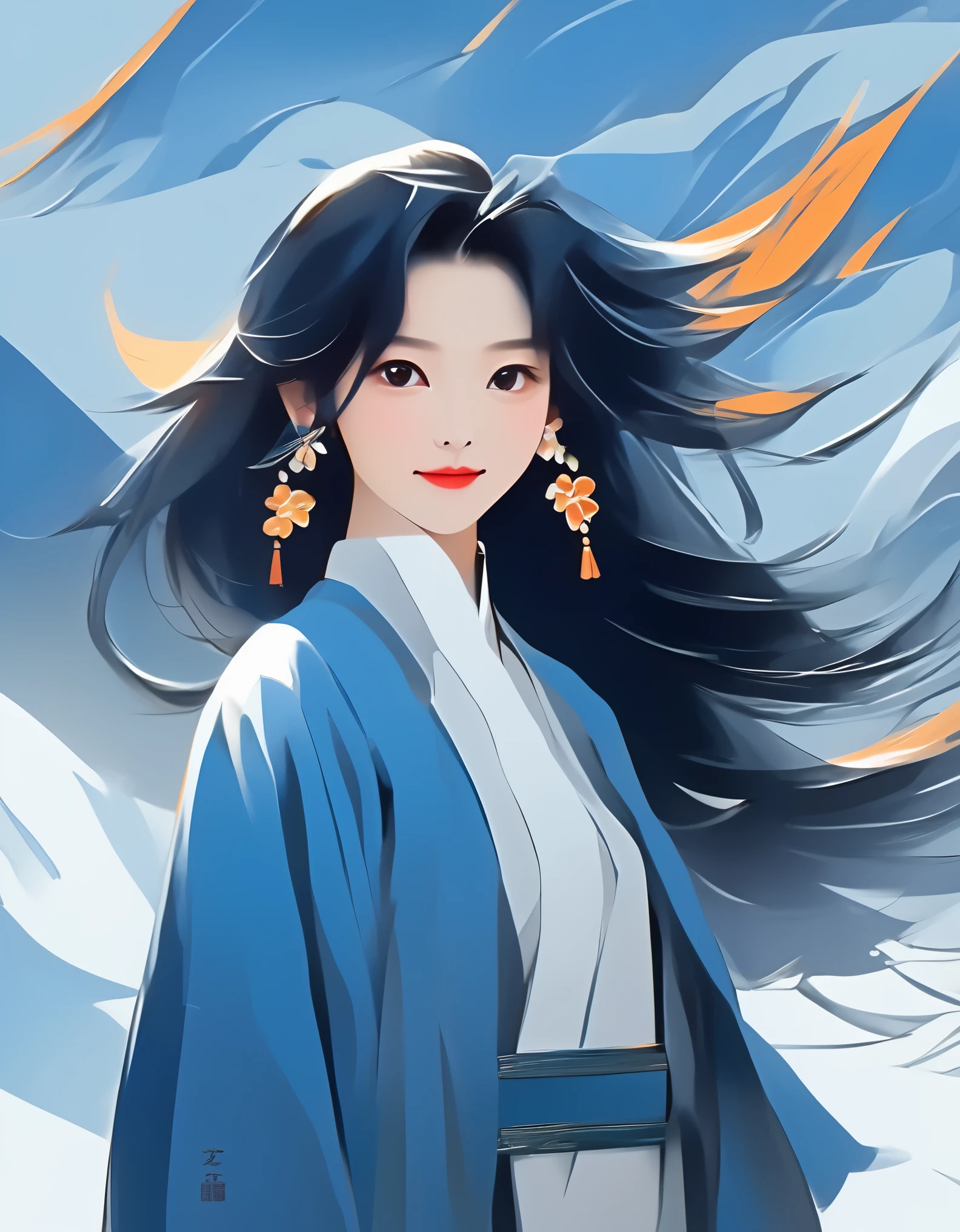 flat illustration style of a playful cool chinese girl,ancient black hair style,wearing a blue coat, wearing earrings,smile, white skin, Off-white background ,blue, niji ，minimalist art，