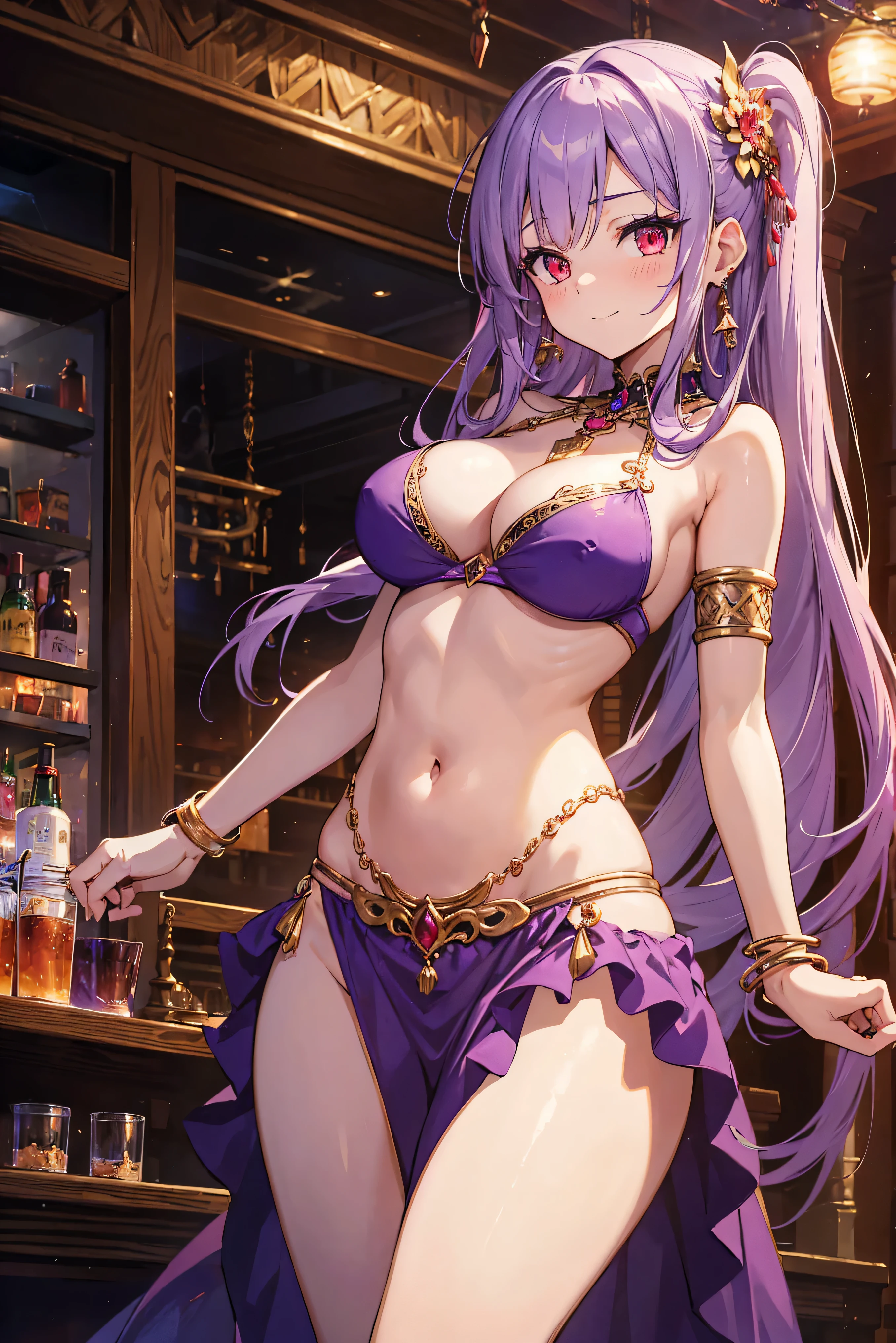 high quality, ultra detailed, best quality, insanely detailed, beautiful, masterpiece, 1girl, belly dancer, bar, cowboy shot, red eyes, long hair, light purple hair, harem outfit, bikini, pelvic curtain, purple costume, bare legs, hair ornament, earrings, armlet, bracelet, bashful smile, dancing, large breasts, cleavage, soft stomach