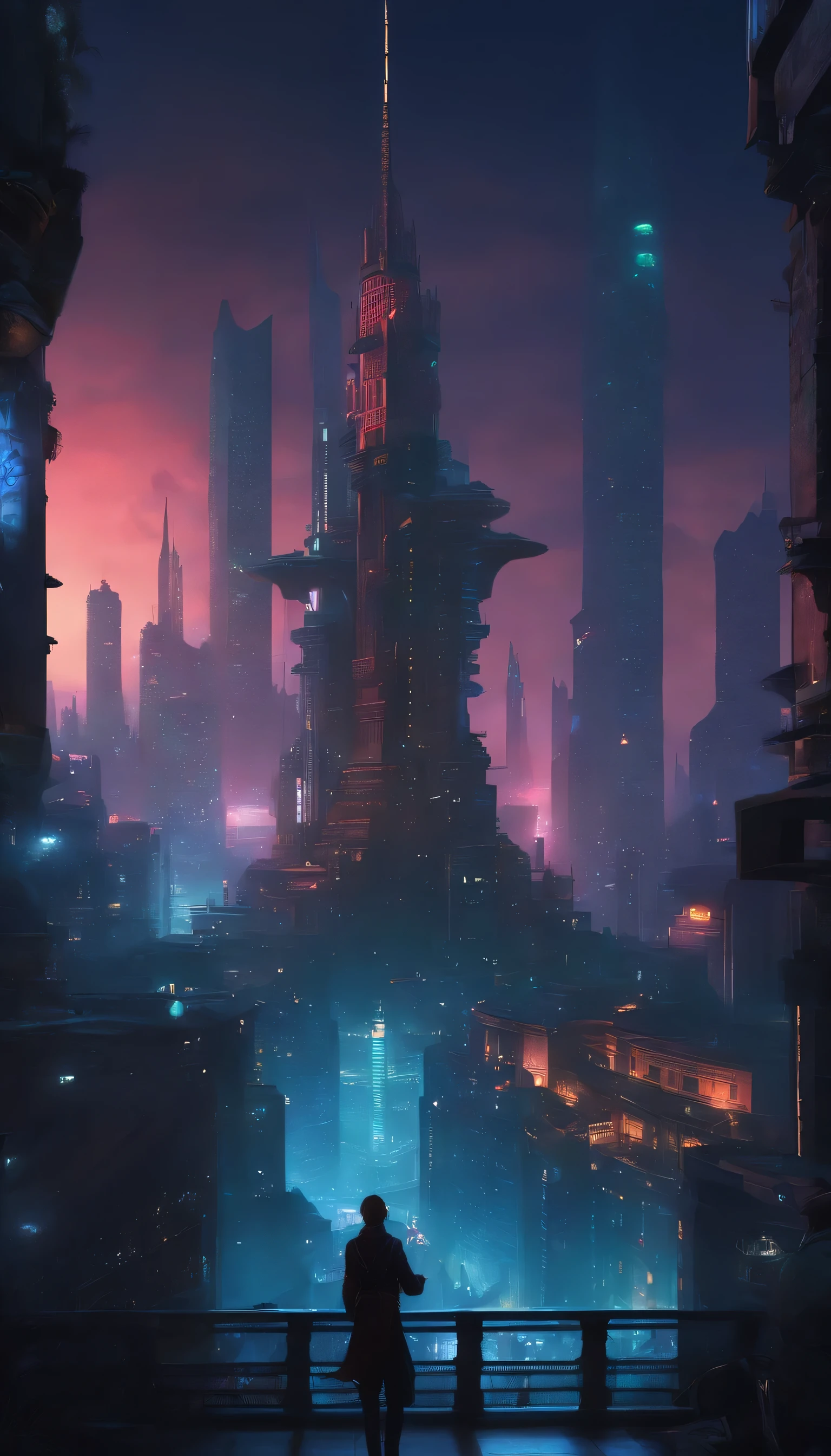 night city with a big tower、cyber punk