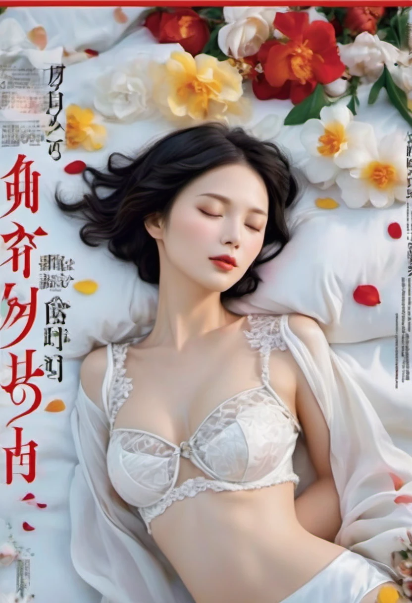 magazine cover,40-year-old woman with medium and short hair wears sexy silk clothes,shorts,Eyes are very delicate,Sleeping on the bed with many petals,snow white skin,(((masterpiece))), ((best quality)), ((intricate details)), ((surreal))(8K)