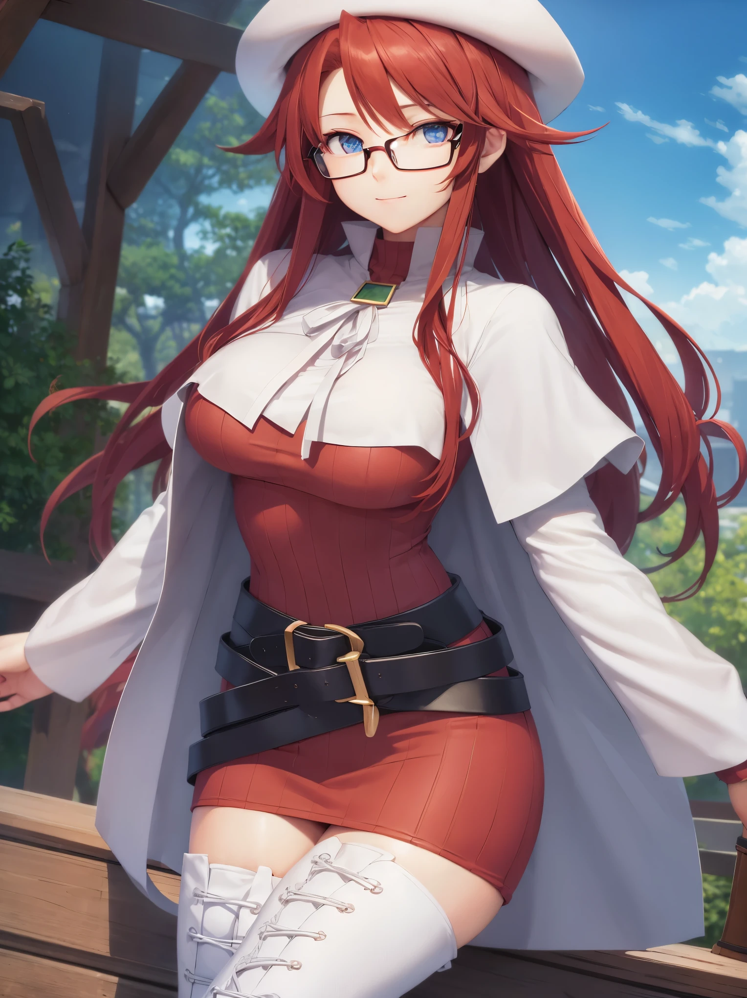 summonnightaty, aty, long hair, blue eyes, red hair, beret, hat, glasses,
BREAK long hair, thighhighs, hat, dress, boots, glasses, belt, cape, sweater, zettai ryouiki, beret, thigh boots, white footwear, ribbed sweater, loose belt,solo,
BREAK outdoors, fantasy_town,
BREAK (masterpiece:1.2), best quality, high resolution, unity 8k wallpaper, (illustration:0.8), (beautiful detailed eyes:1.6), extremely detailed face, perfect lighting, extremely detailed CG, (perfect hands, perfect anatomy),covered_nipples,covered_navel,light_smile ,(half_eyes:1.4),sword,armpit,sleepy,sitting_on_the_barrel,barrel,red_sweater,apart_legs,