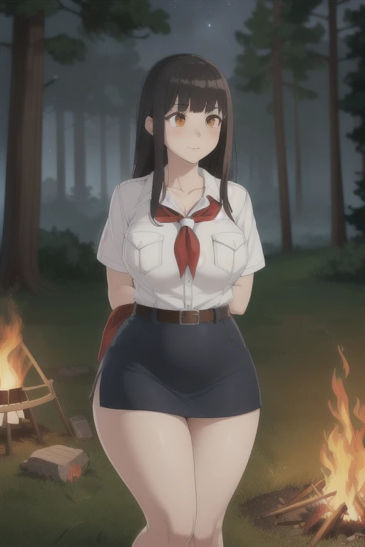 ((highreasterpiece, high quality, best quality, beautiful, perfect lighting, detailed face, ultra cute face, 1girl, solo, black hair, long hair, orange eyes, big breasts, thick thighs, wind lift, outdoors, grass, field, forest, pioneer neckerchief, pioneer movement soviet pioneer, short skirt, blue skirt, bangs, shirt, collarbone, white shirt, short sleeves, collared shirt, belt, neckerchief, eyelashes, red neckerchief, pocket, breast pocket, night, forest, campfire, solo campfire, large campfire