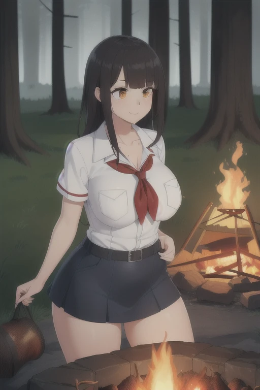 ((highreasterpiece, high quality, best quality, beautiful, perfect lighting, detailed face, ultra cute face, 1girl, solo, black hair, long hair, orange eyes, big breasts, thick thighs, wind lift, outdoors, grass, field, forest, pioneer neckerchief, pioneer movement soviet pioneer, short skirt, blue skirt, bangs, shirt, collarbone, white shirt, short sleeves, collared shirt, belt, neckerchief, eyelashes, red neckerchief, pocket, breast pocket, night, forest, campfire, solo campfire, large campfire