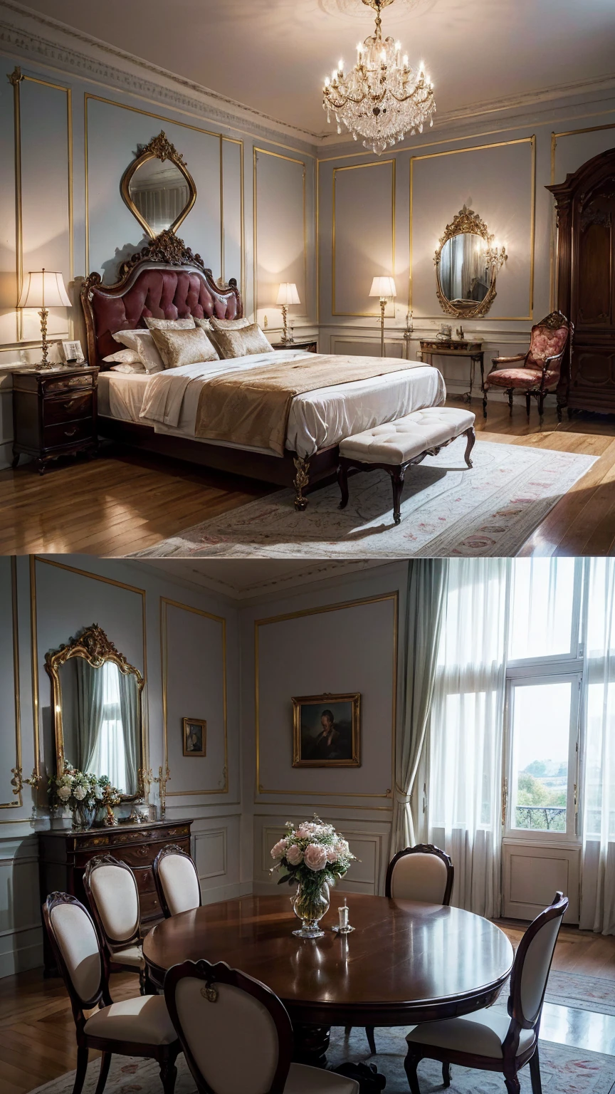 ((最high quality, 8K, masterpiece: 1.3, Ultra HD, high quality, 最high quality, High resolution, realism)) 、Marie Antoinette、Inside the Palace of Versailles in France、Enjoy tea time in a luxurious room