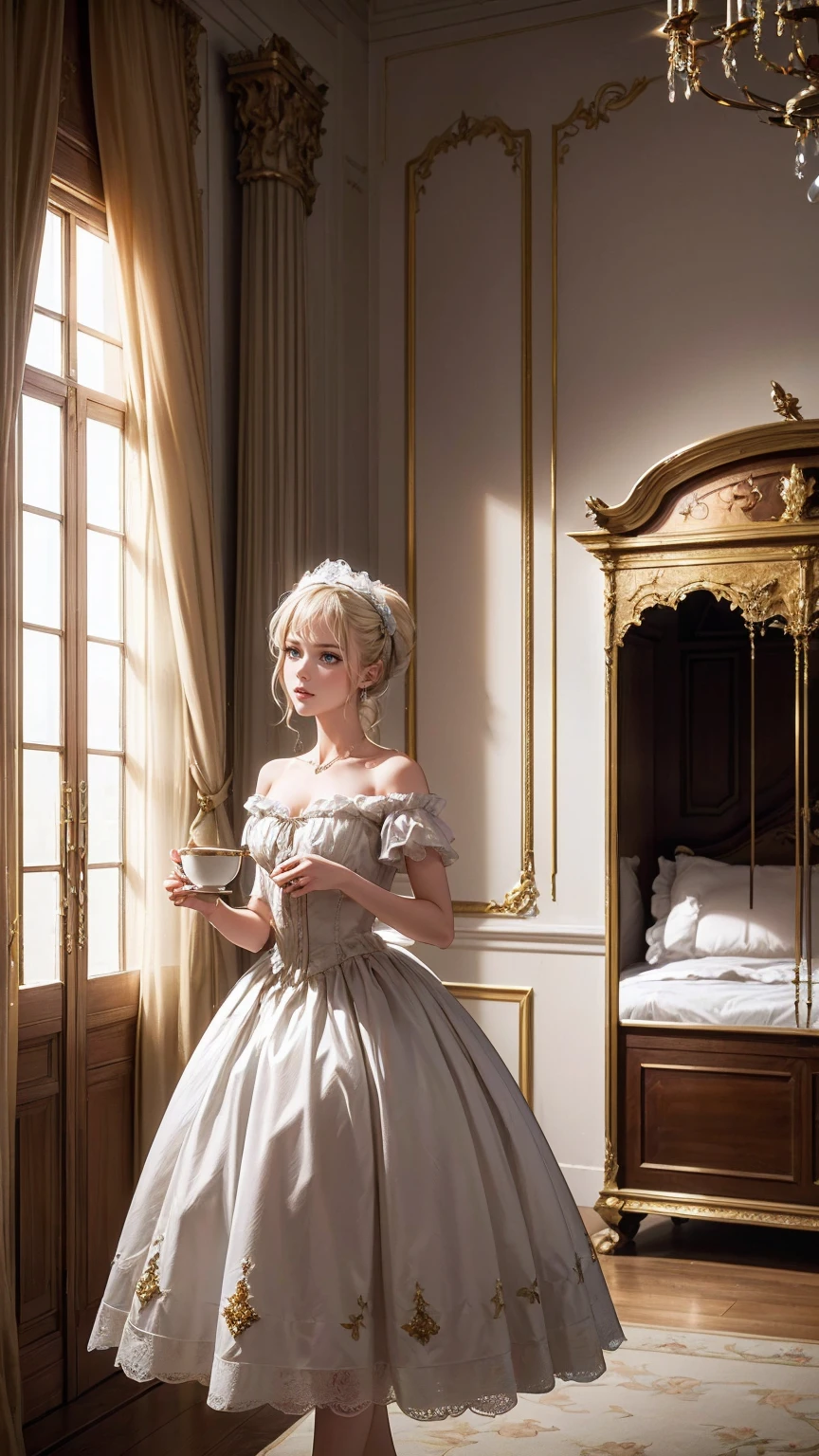 ((最high quality, 8K, masterpiece: 1.3, Ultra HD, high quality, 最high quality, High resolution, realism)) 、Marie Antoinette、Inside the Palace of Versailles in France、Enjoy tea time in a luxurious room