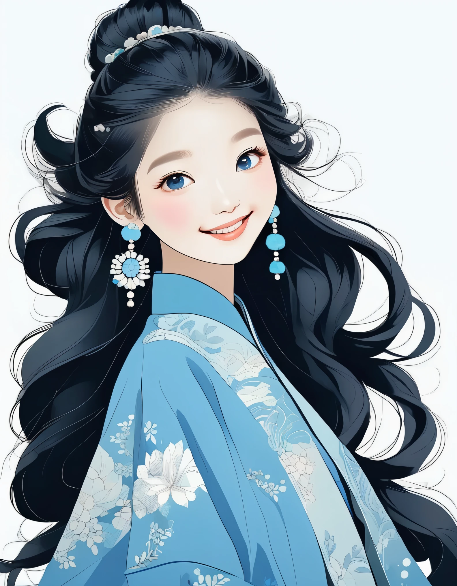 in style of Hippie fashion design, portrait, beautiful detailed，flat illustration style of a playful cool chinese girl,ancient black hair style,wearing a blue coat, wearing earrings,smile, white skin, Off-white background ,blue, niji ，minimalist art，