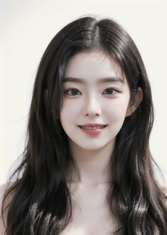 best quality, extremely detailed face, perfect lighting, (1girl, solo:1), (((naked))), ((puffy eyes)),(((black hair))),long hair, white background, low tied hair, (smile:1),((irene)), 