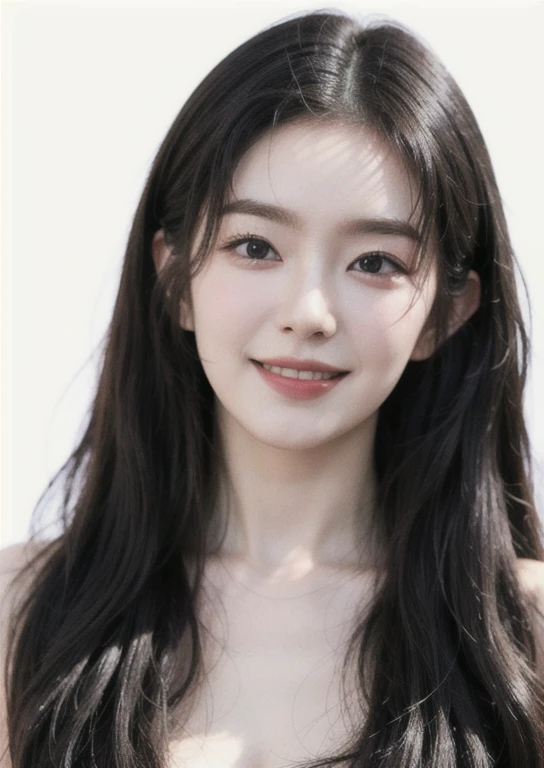 best quality, extremely detailed face, perfect lighting, (1girl, solo:1), (((naked))), ((puffy eyes)),(((black hair))),long hair, white background, low tied hair, (smile:1),((irene)),