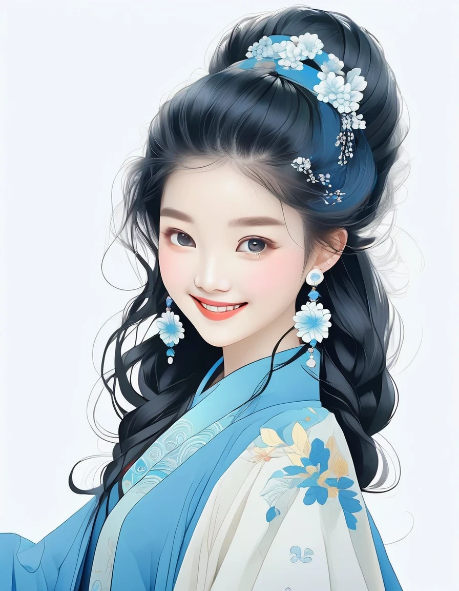 in style of Hippie fashion design, portrait, beautiful detailed，flat illustration style of a playful cool chinese girl,ancient black hair style,wearing a blue coat, wearing earrings,smile, white skin, Off-white background ,blue, niji ，minimalist art，