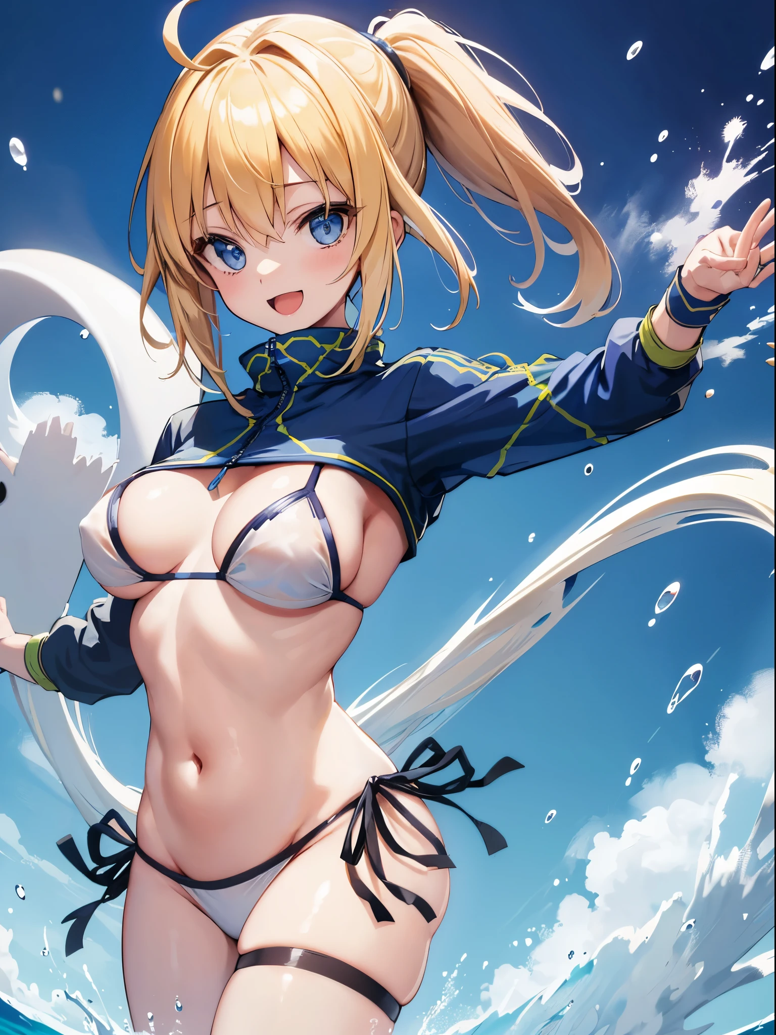 masterpiece,(ultra-detailed),1girl, mysterious heroine xx \(fate\), half_eyes,smile,open mouth, swimsuit, white bikini, side-tie bikini bottom, shrug \(clothing\), jacket,  thigh strap, wristband,  large_breasts, ocean, splashing,blonde_ponytail,open_legs,cap,happiness,dynamic_jumping