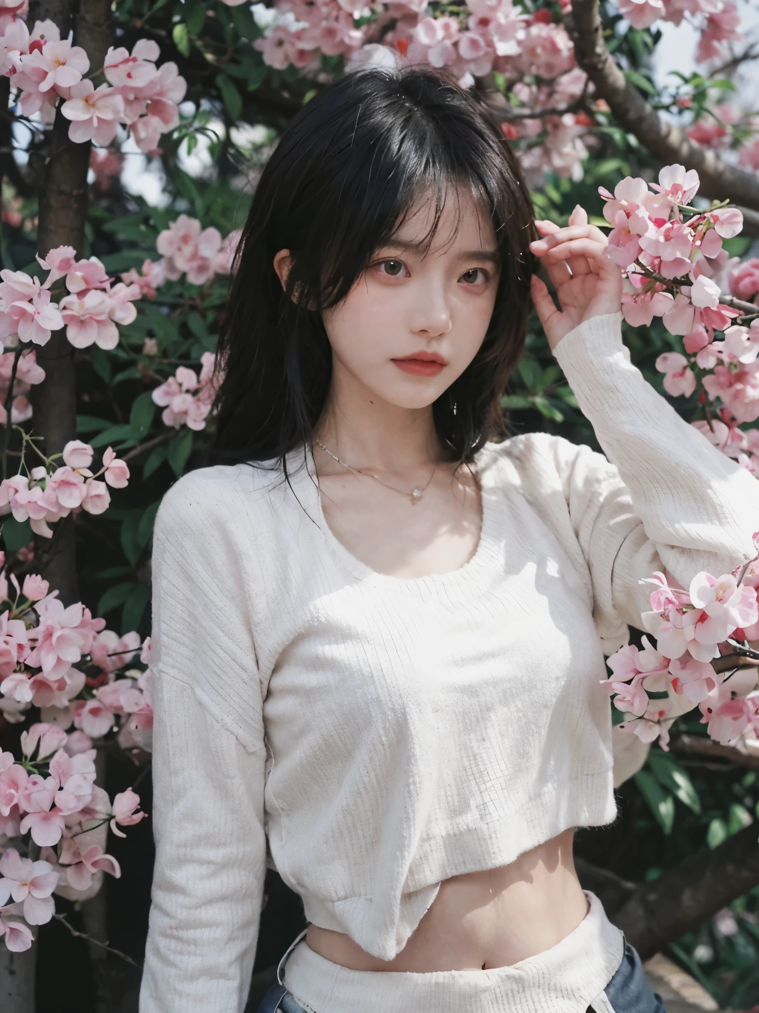 best quality, ultra high resolution, (realistically:1.4),Baoyu Girl,1 girl, long, straight hair,Looking into the distance,Under the cherry blossom tree,red short sweater,a sense of atmosphere,Beautiful woman with slim figure:1.4, abdominal muscles:1.1,,Super thin face,exquisite eyes,double eyelids,necklace