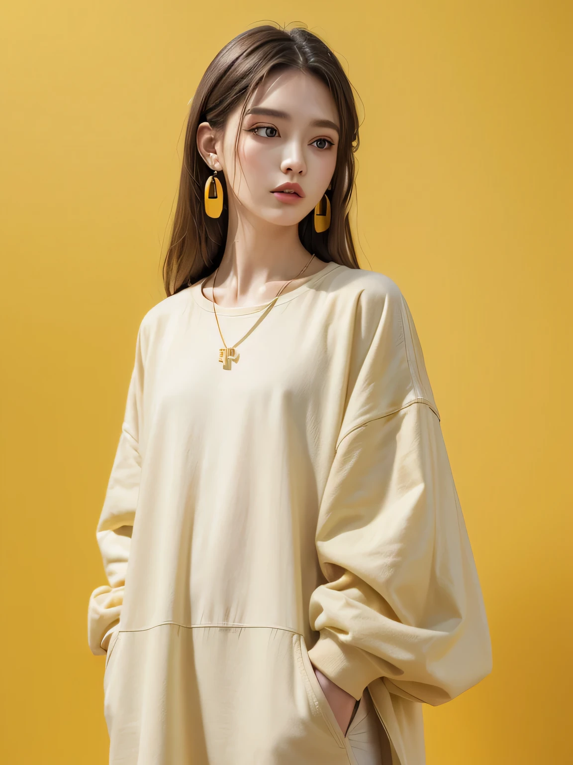 (8K, highest quality, High resolution, masterpiece :1.3), (yellow background), stylish, hisense, fashion, The contour is the length of the surface, eyes are long, long hair, oversized clothes, baggy clothes, colorful, Upper body, necklace, earrings,