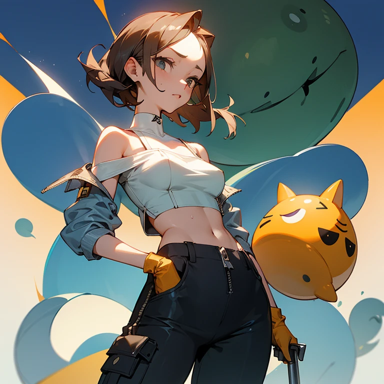 slender、big breasts、Goggles on foreheadをつけている、small ass、A slender and delicate mechanic girl、Roomy clothes、Dowel dowel trousers、oversized cargo pants、It's a bellybutton、Front zip high neck top、super cutout design、crop top、bare shoulders、off shoulder、work gloves、Goggles on forehead、hold a wrench in one hand、brown skin、Middle hair、slender、big breasts、cleavage、choker、high leg pants、hot air、Sweat、