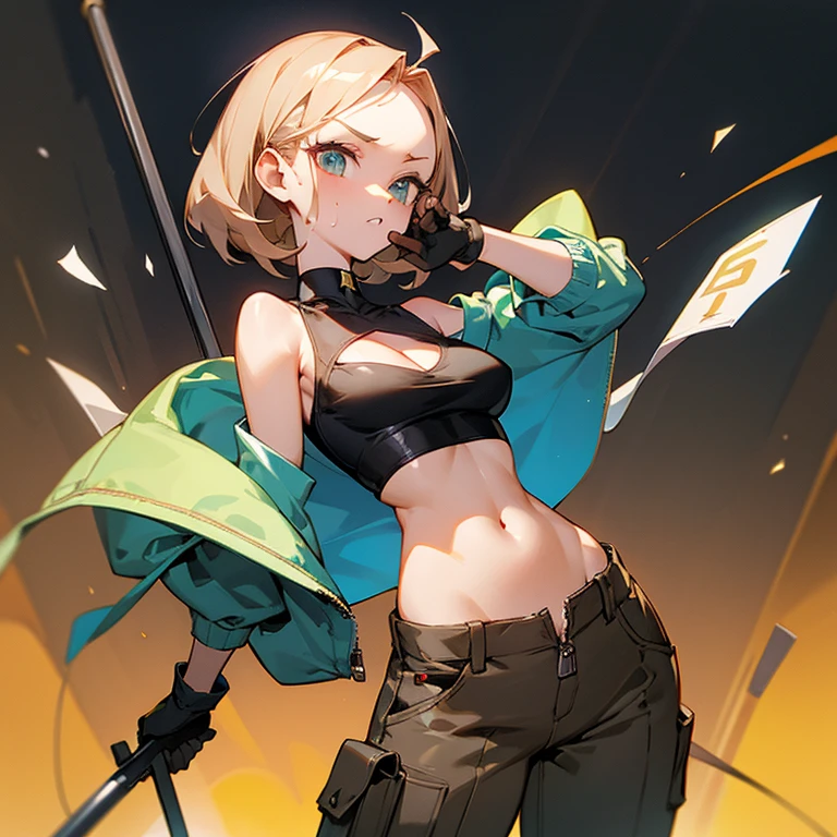slender、big breasts、Goggles on foreheadをつけている、small ass、A slender and delicate mechanic girl、Roomy clothes、Dowel dowel trousers、oversized cargo pants、It's a bellybutton、Front zip high neck top、super cutout design、crop top、bare shoulders、off shoulder、work gloves、Goggles on forehead、hold a wrench in one hand、brown skin、Middle hair、slender、big breasts、cleavage、choker、high leg pants、hot air、Sweat、