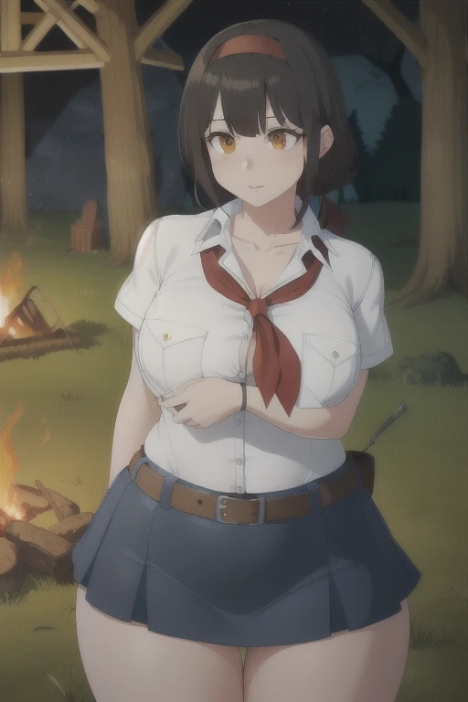 ((highreasterpiece, high quality, best quality, beautiful, perfect lighting, detailed face, ultra cute face, 1girl, solo, black hair, long hair, orange eyes, big breasts, thick thighs, wind lift, outdoors, grass, field, forest, pioneer neckerchief, pioneer movement soviet pioneer, short skirt, blue skirt, bangs, shirt, collarbone, white shirt, short sleeves, collared shirt, belt, neckerchief, eyelashes, red neckerchief, pocket, breast pocket, night, forest, campfire, solo campfire, large campfire