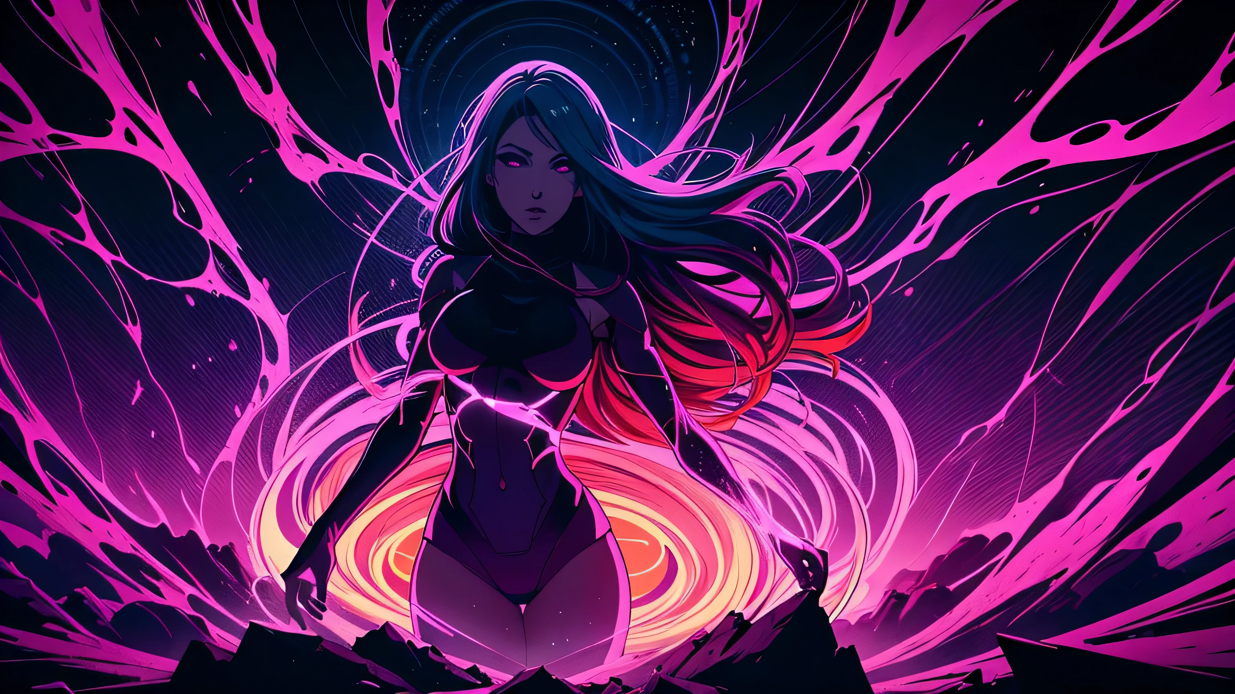 garota de anime, corpo inteiro, deusa, poderosa, poderes, luz sagrada, Capa do álbum Anime Phonk Brain Sick, musica, ondas sonoras, com cores vermelho e preto neon