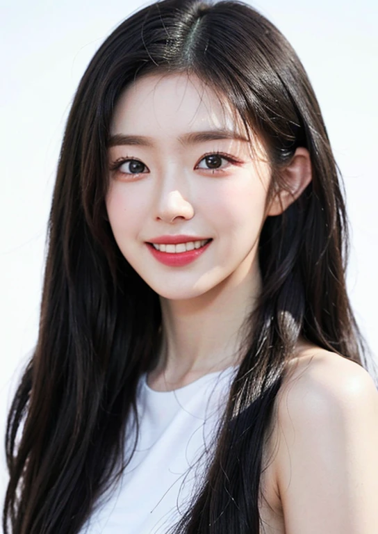 best quality, extremely detailed face, perfect lighting, (1girl, solo:1), (((naked))), ((puffy eyes)),(((black hair))),long hair, white background, low tied hair, (smile:1),((irene)), 